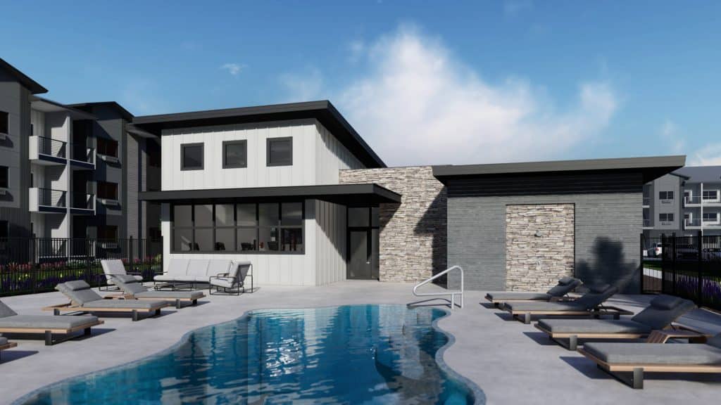 Rendering of the pool at Avion Exterior Clubhouse Rear (05 03 23) v2